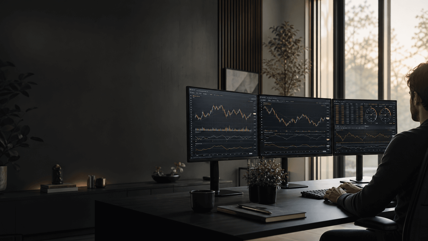 A focused futures trader working across three market screens